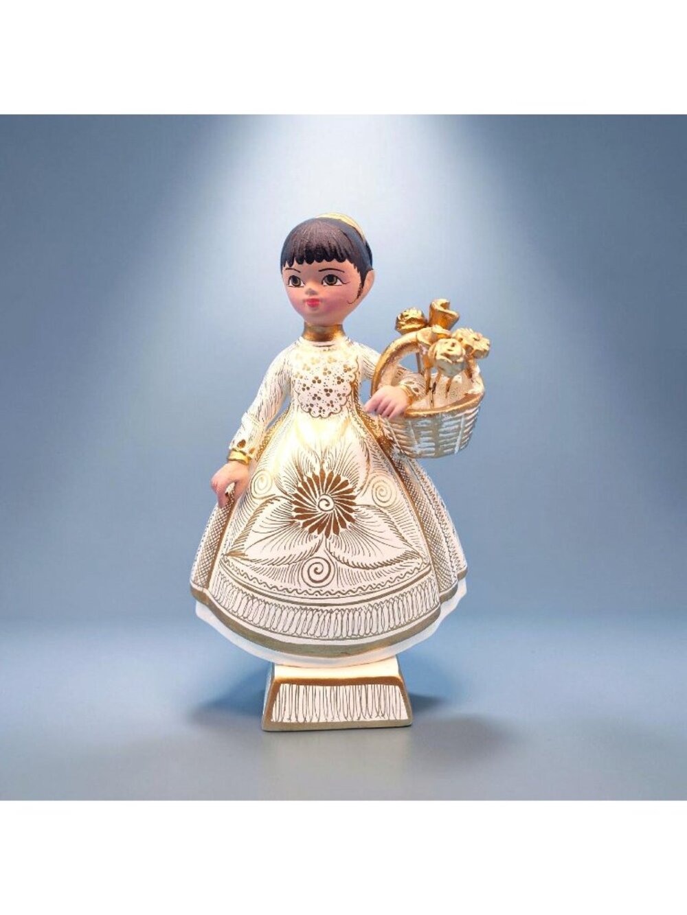 Vintage Girl Flower Basket Figurine White Gold Mexico Floral Lady 7.5" Decor
